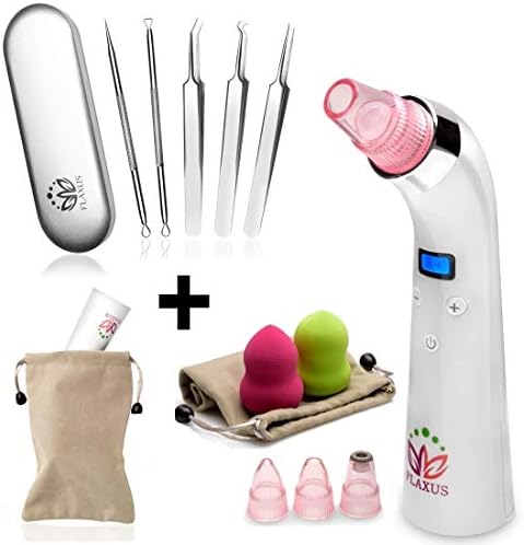 Professional Blackhead Remover Vacuum Set Portable & Pore Extractor Cleaner Kit Removal By FLAXUS. Blackhead Acne Cleanser Remover Suction Comedone, Pimple Needles, Sponges & Tweezers. Gifts for Women
