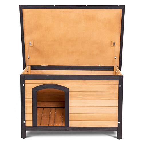 Tangkula Wooden Dog House Outdoor Indoor, Medium Pet Shelter Log Cabin Feeding Station with