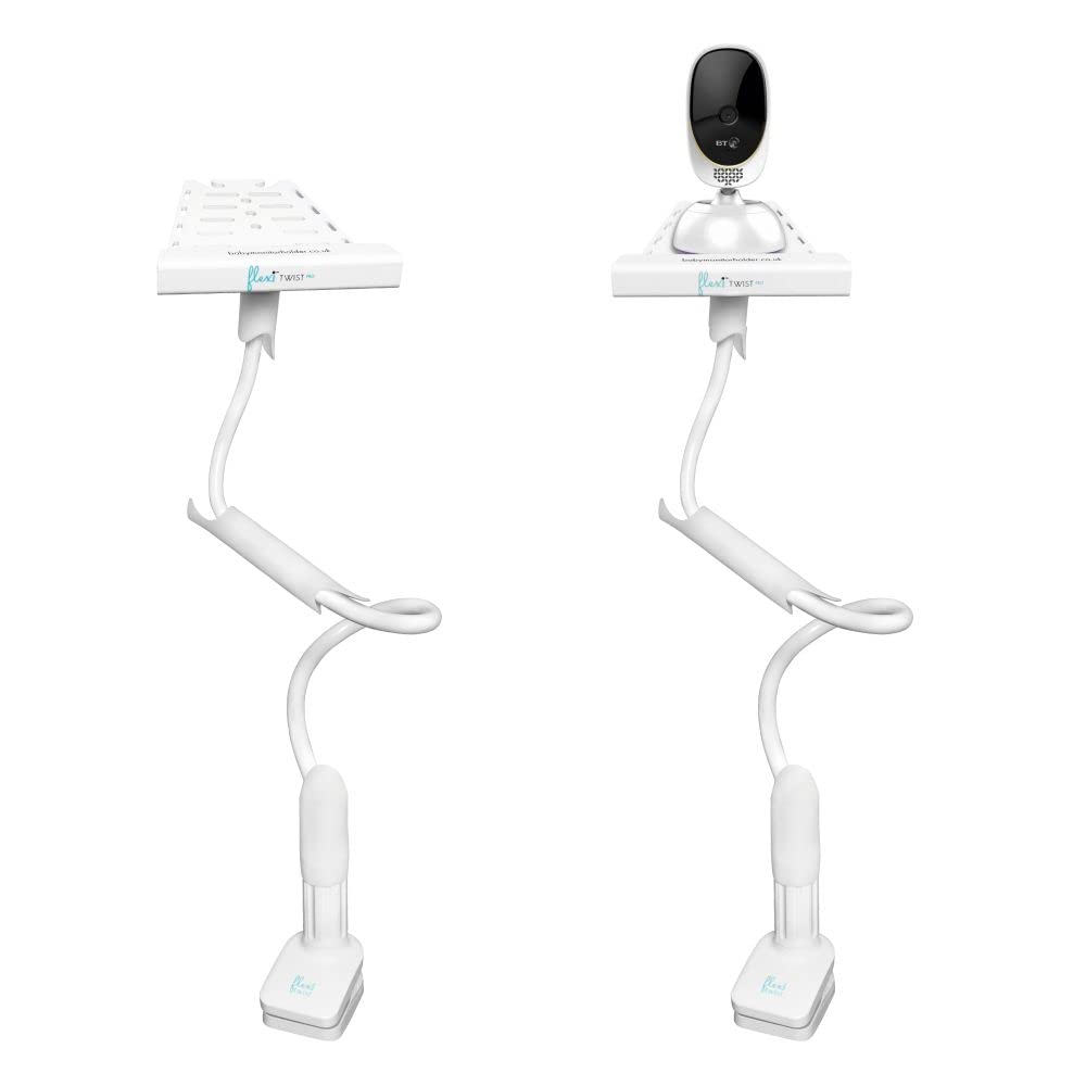 flexi Twist Pro | Universal Baby Monitor Holder Shelf | Secure with Straps & Clamp| No Drilling Required | Flexible Baby Camera Mount | Baby Monitor Shelf, White, 850mm Pro Model