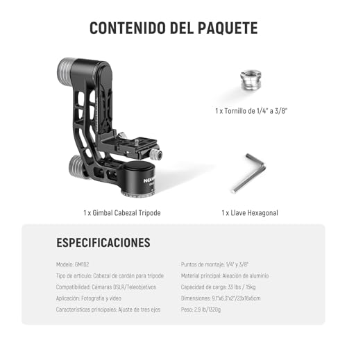 NEEWER GM102 Cabezal Gimbal para Trípode Monópode Teleobjetivos, 360° Cabezal Trípode Cámara Panorámica, Ajuste 3 Ejes, Aleación Aluminio CNC Resistente, Liberación Rápida Tipo Arca, Carga Máx 15 kg