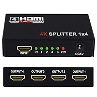 HDMI Splitter 1 in 2 3 4 Out 4K@30HZ, WEILIANTE 4K V1.4 HDCP Powered Hdmi Video Splitter with AC Adaptor 1 Input to 4 Outputs, Supports 3D 4K HD1080P for PS4 XboxRoku Blu-Ray Player Apple TV HDTV