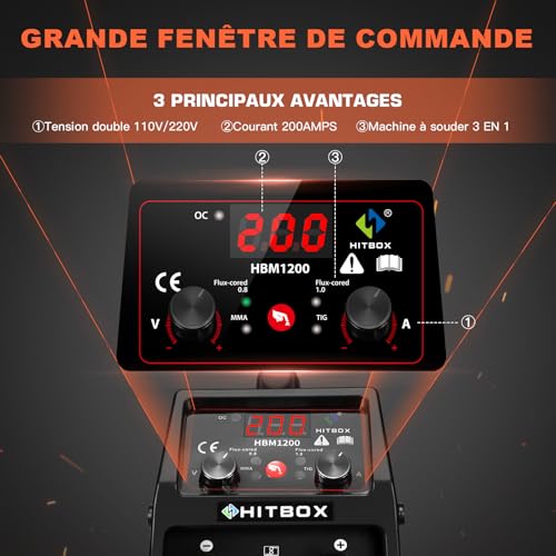 HITBOX 200A Gas Free MIG Welding Machine, 3-in-1 Flux Core MIG/ARC/Lift TIG Welder, 230V Portable IGBT Inverter Welding Machine with Torch & 0.8mm Wire, Ideal Beginners (HBM1200)