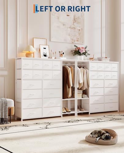 Garvee 16-Drawer Tall Dresser with Clothes Rack - Fabric Storage Chest for Bedroom, Closet Organizer with 2 Shelves & Adjustable Dividers | Vertical Space-Saving Design, White