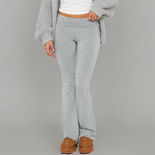 CALEBGAR WOMEN’S FOLD OVER WAIST YOGA PANTS LOW RISE LEGGINGS SLIM FIT FLARE PANTS WORKOUT CASUAL BOOTCUT PANTS GREY
