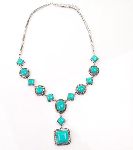 Vintage Tone Square Inlay Turquoise Bib Tibetan Silver Chain Fashion Necklace