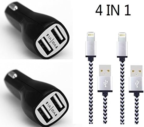Car Charger,4 in 1 Rapid Dual Port 12W 2.4A USB Car Charger Adapte (2pack) with 3.3ft Apple Lightning Cable to USB Cable (2pack) for iPhone 7/7 Plus,6/6S/6 Plus/6S Plus,5S/5,iPad,iPod Nano 7