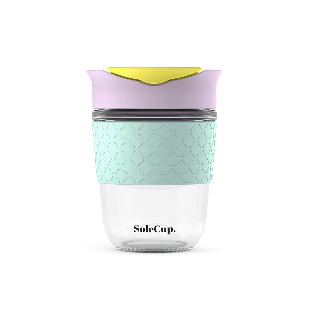 SoleCup. - Reusable Strengthened Glass Travel Cup - Spill Proof Coffee Mug - 12oz/340ml BPA-Free Hot Drink Travel Mug with Lid & Silicone Band (Ice Cream, 12oz / 340ml)