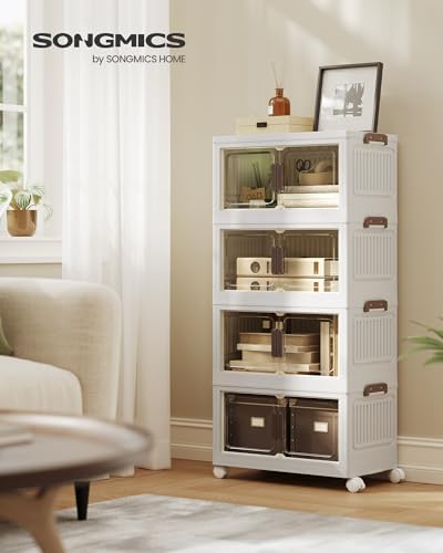 Cajas de Almacenamiento de 4 Niveles, Organizador con 1 Tapa, Cajas Apilables, con Ruedas, de Plástico, con Puerta Magnética, Blanco, 45 L por Nivel, RLB450WZ01