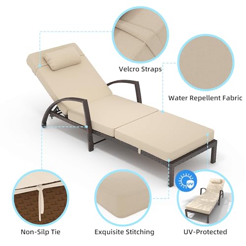 EliteEdge Outdoor Chaise Lounge Set of 2, Patio Rattan Chaise Lounge Chair with Cushions, 5-Position Adjustable Backrest Sun Lounger for Poolside, Garden, Backyard, Brown Rattan