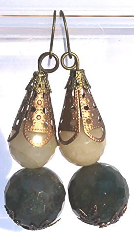 Huge 16mm Faceted Moss Agate and Yellow Aventurine Bronze Fish Hook Earrings