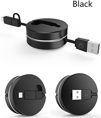 Retractable Sync 2-in-1 USB Cable with Lightning &amp; Micro USB Connectors 3.3Ft Retractable Quick Charging Data High Speed Adapter Cable for iPhone 5s 6 6s Plus, iPad, iPod, Android Phones (Black)