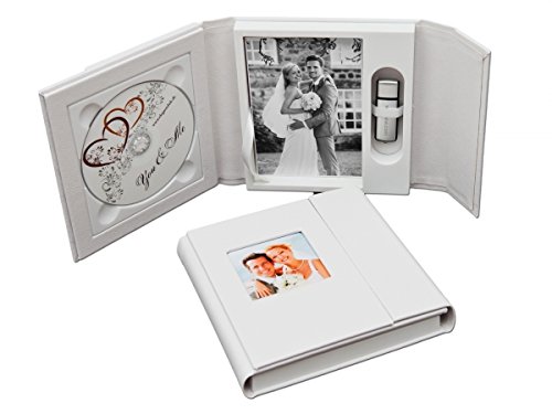 title=Custodia di pelle per USB/DVD del matrimonio con scatola portafoto Bianco.