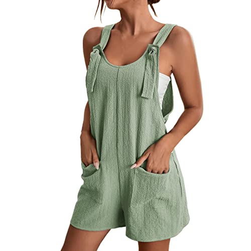 Summer Short Rompers for Women 2026 Beach Vacation Outfits Sleeveless Adjustable Tie Knot Strap Linen Jumpsuits