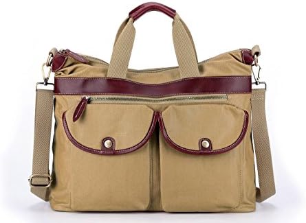 Unisex Waterproof Large Waxed Canvas Work Tote Laptop Messenger Bag with Pockets Leather Trim Fits 15.6 Inch