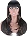 Kalyss Heat Resistant Yaki Human Hair Blended Wig with Hair Bangs Long Straight Layered Black Wigs with Brown Highlights Natural Looking Centre Parting Hair Replacement Wigs for Women