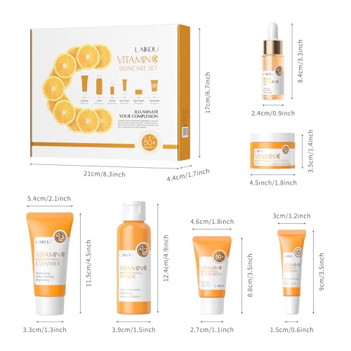 LAIKOU Vitamin C Skin Care Set, 6 Pcs Skincare Kit for Women, with Vitamin C Serum for Face Toner Eye Cream Face Cream Cleanser Sunscreen, Skin Care Gift Set for Women Teenage Girls Mom Daughter