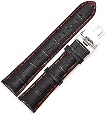 21MM Soft Genuine Leather Watch Bnad Steel Deployment Buckle Men Watchband Women Wristband Replacement(black red line)