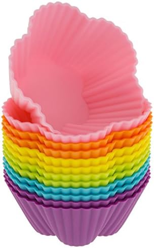Freshware Silicone Baking Cups [12-Pack] Reusable Cupcake Liners Non-Stick Muffin Cups Cake Molds Cupcake Holder in 6 Rainbow Colors, Cherry Flower