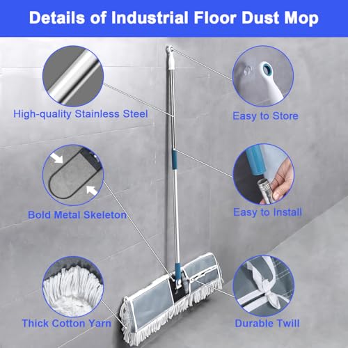 Industrial Flat Mop, 90cm Wide Flat Mop Large Commercial Thread Mops with 2 Washable Cotton Pads Stainless Steel Handle Wet Dry Dust Floor Cleaning Tool for Home Office Hotel Factory Floor Cleaner