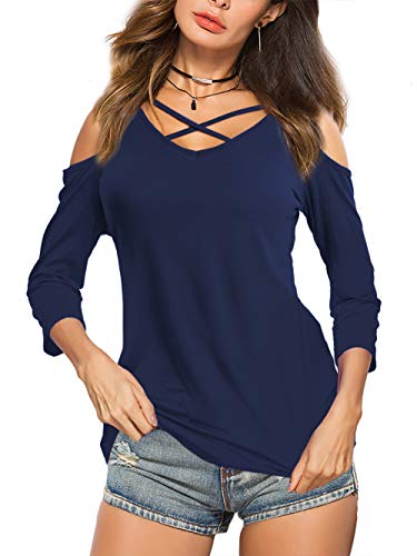 AmoretuWomens Summer Shirts V Neck Criss Cross Cold Shoulder Tops Blouse