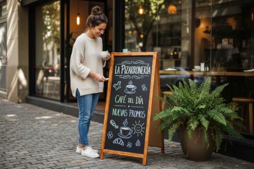 LA PIZARRONERIA Pizarrón de Gis Tipo A Doble Vista 100cm x 54cm | Marco Flameado Nogal, Para Restaurantes, Para Cafeterías, Para Negocios