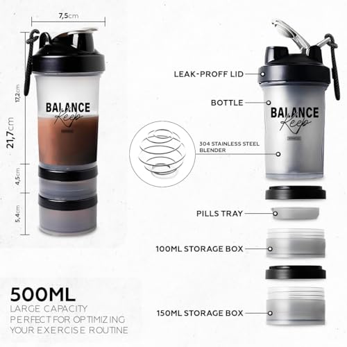 BERNESSI 500ml/17oz Protein Shaker Bottle with Leak-Proof for Protein Mixes & Shakes with Stainless Steel Ball, Protein Bottle Blender Cocktail Shaker Cup for Gym Fitness Home Pre Workout (Balance)