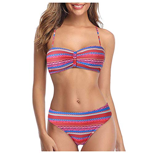 Womens Push-Up Swimsuit Summer New Two Piece Stripe Bikini High Waist Swimming Suit Purple