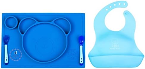 Premium Baby Meal Time set - Feeding Mat, Spoon, Fork &amp; Baby Bibs Bundle - Food Grade Materials - Non-Toxic &amp; BPA-Free | Strong Table Suction | Fits Most Highchair Trays