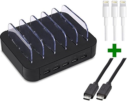 5 port Universal USB Charging Station Dock - INCLUDES 3 Apple Lightning cables and 2 MicroUSB cables for Smart Phones &amp; Tablets - Cell Phone Docking Station &amp; Multiple Device USB Charger Station