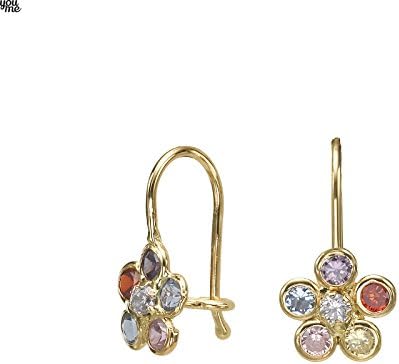 14K Solid Yellow Gold Eliptical Hoop Earrings Mikhail Flower Cubic Zirconia Teen Kids Girls Gift