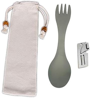 2 in 1 Titanium Spoon Fork Combo with Can Opener & Carrying Case, Ultralight Spork Travel Kit for Backpacking and Camping Outdoor Activities, Rustproof Flatware Utility Eco-Friendly Cutlery Set