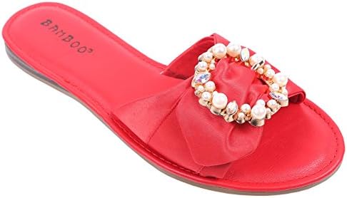 weyoh Bamboo Flip-Flop Slip-on Open Toe Flats Sandals with Synthetic Pearl Rhinestones Women Shoes (9, Red-Ring)