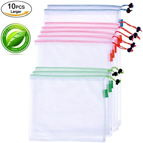 Alalimini Mesh Produce Bags 10PCS Saver Food Toys Cloth Medicinal Herbs Grocery Dispenser Storage Bulk Reusable Washable Freshworks Clear Soft Large Eco Recyclable Muslin Roll Drawstring Tote