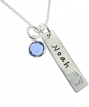 Wisdoy Personalized 925 Sterling Silver Baby Name Necklace with Birthstone and Footprint for New Mom/Women/Mother/Friends,Engraved Baby Feet Bar Pendants