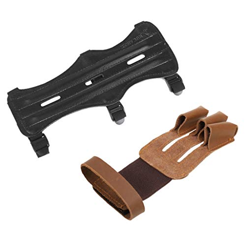 Qfauto PU Leather Archery 3 Straps Arm Guard + 3 Fingers Glove for Hunting Shooting,Durable and Lightweight