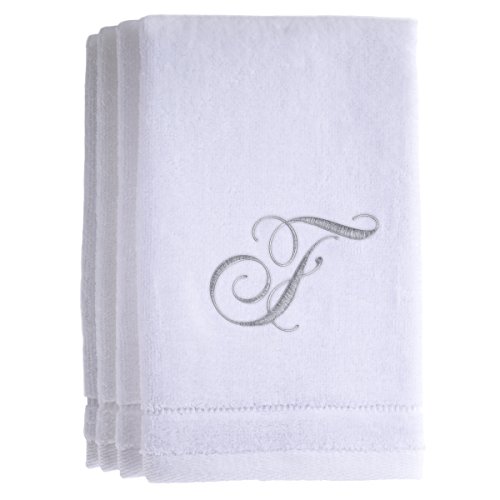 Monogrammed Towels Fingertip, Personalized Gift, 11 x 18 Inches - Set of 4- Silver Embroidered Towel - Extra Absorbent 100% Cotton- Soft Velour Finish - For Bathroom/ Kitchen/ Spa- Initial F (White)