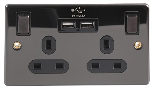 Pro Elec BN2213U 2 Gang Socket with USB, Black Nickel