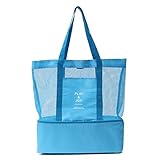 MEJOY Handheld Lunch Bag Insulated Cooler Picnic Bag Mesh Beach Tote Bag Food Drink Storage blue