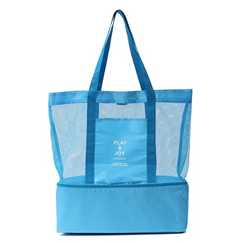 MEJOY Handheld Lunch Bag Insulated Cooler Picnic Bag Mesh Beach Tote Bag Food Drink Storage blue