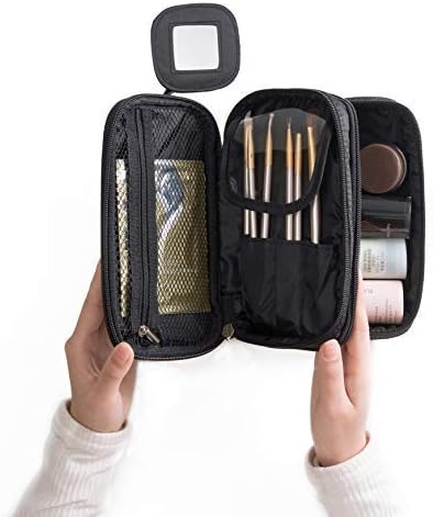 Portable Makeup Bag, WuHua Double Layer Cosmetic/Toiletry Brush Bag for Women, with Mirror Travel/Train Kit Organizer, Professional Makeup Pouch Purse for Travel Home