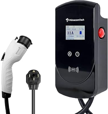 PRIMECOM 32Amp Smart Electric Vehicle EV Wall Charging Station - Level 2 EVSE- 220/240 Volt- 32 Amp Electric Car Charger, Plug-in Wall-Charger (30 FEET - NEMA 14-50P)