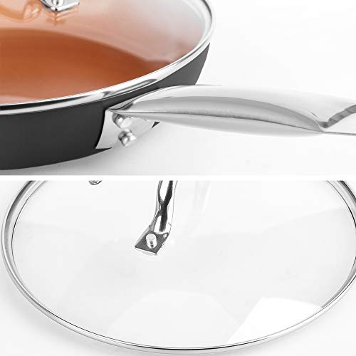 SHINEURI 9.5 inch Copper Fry Pan with Lid, Nonstick Ceramic Skillet for Stir fry, Saute Pan with Stainless Steel Steamer handle for Induction, Gas, Electric & Stovetops, Perfect for 2-3 Person Meal