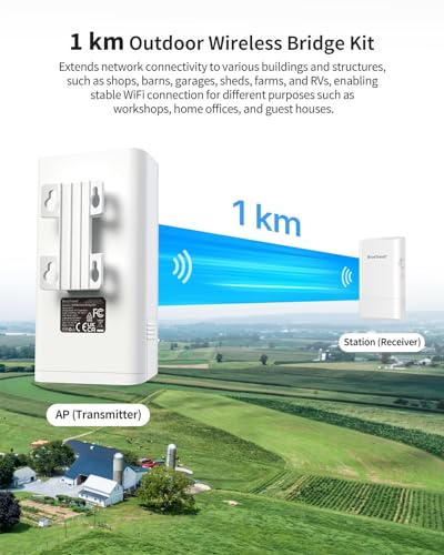 BrosTrend 5GHz 867Mbps Wireless Bridge, 1KM WiFi Bridge, Long Range Point to Point Outdoor CPE for PtP & PtMP, IP65, Plug and Play, Passive PoE Injector, for Barn Farm Garage Building Shop etc. 2 Pack