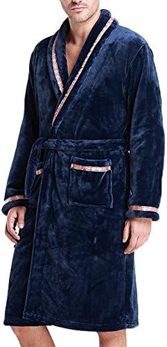 PASBAS Mens Fleece Robe,Navy,Plush Shawl Collar Kimono Bathrobe Robe (X-Large)