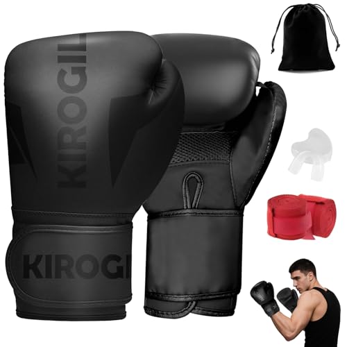KIROGILY Guantes de Box, Guantes Box para Hombres y Mujeres de 12-14-16 oz, Guantes de Boxeo Adecuados para Artes Marciales Sparring. Incluir Protector Bucal, Correas Boxeador, Bolsa Almacenamiento
