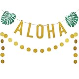 Gold Glittery ALOHA Green Leaves Garland and Gold Glittery Circle Dots Garland(25pcs Circle Dots),Hawaiian Tropical Luau Beach Summer Party Decoration Supplies