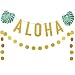 Gold Glittery ALOHA Green Leaves Garland and Gold Glittery Circle Dots Garland(25pcs Circle Dots),Hawaiian Tropical Luau Beach Summer Party Decoration Supplies
