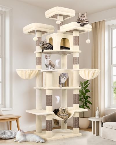 Globlazer Large Beige Cat Tree XXL Height 204 cm with 3 Padded Perches, 2 Kennels, 2 Baskets, Hammock, Stable Cat Tower for 3-5 Adult Cats Rest Play Scratching (F80, Beige)