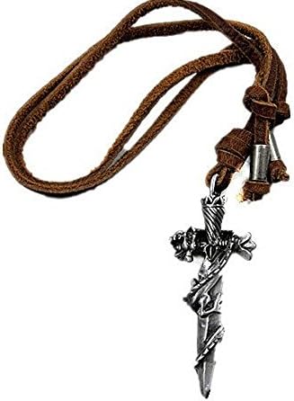 DATORA Adjustable Womens or Mens Leather Necklace with Dragon Sword Pendant