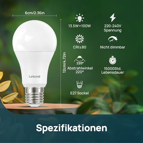 Linkind 13.7 W Super Bright E27 LED Bulb, Replaces 100 Watt, 5000 K Daylight White A60 LED Bulb 1600 LM, 220° Beam Angle, Not Dimmable, Pack of 6